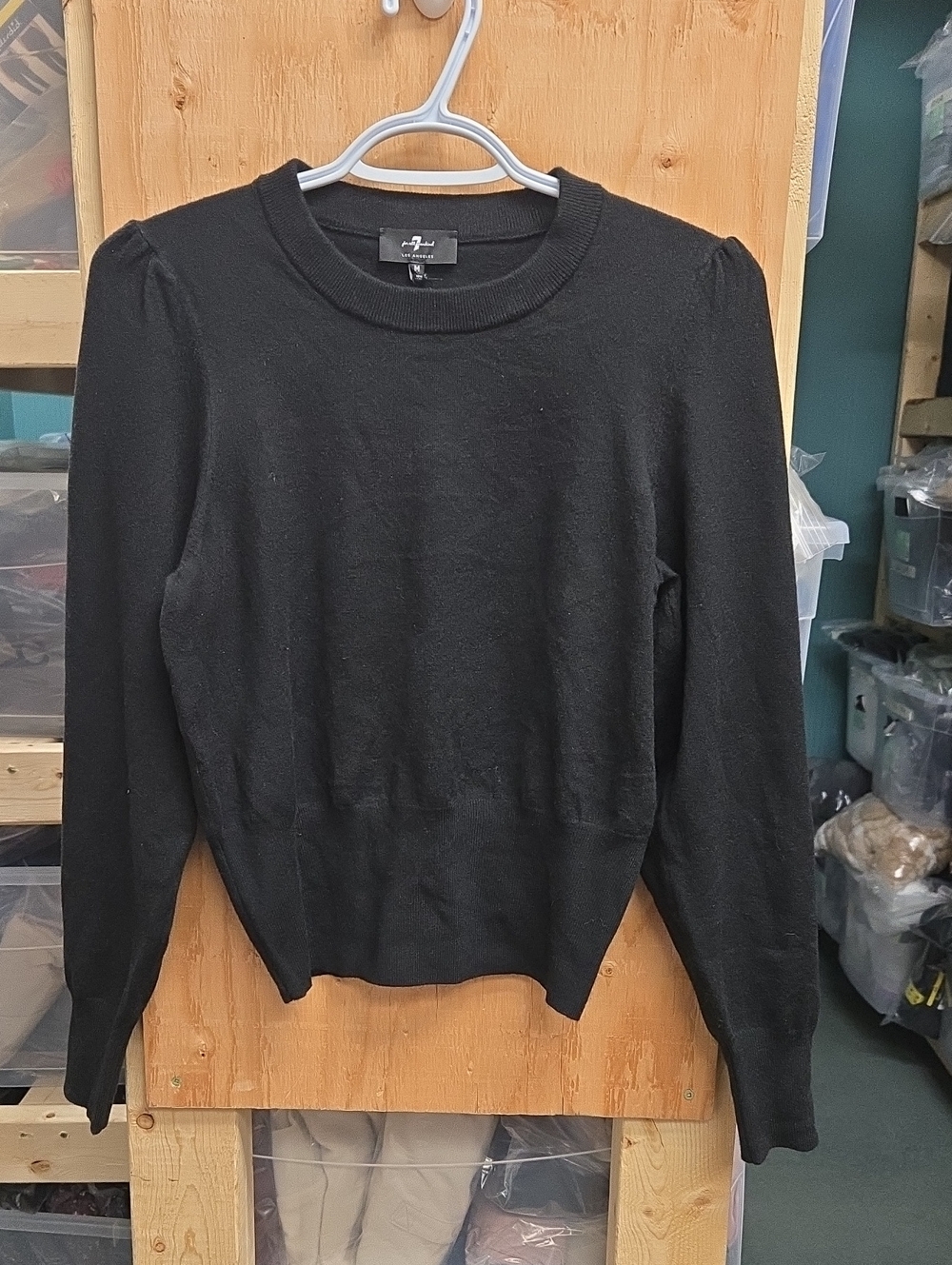 7 For All Mankind Size M Black Crew Neck Puff Sleeve Sweater